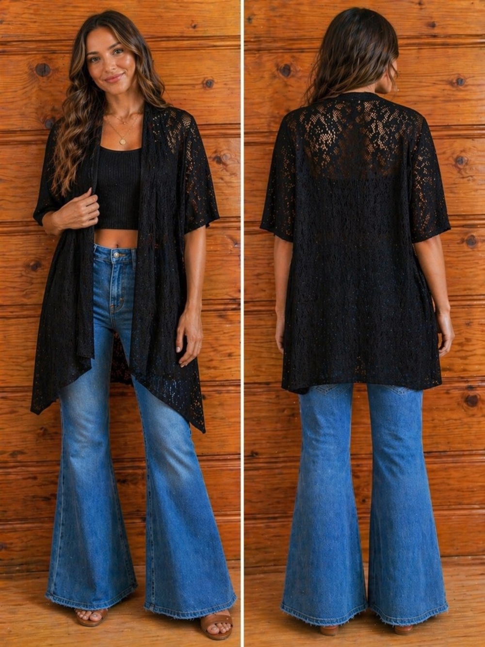 Black Lace Open-Front Kimono Topper Boho Sheer